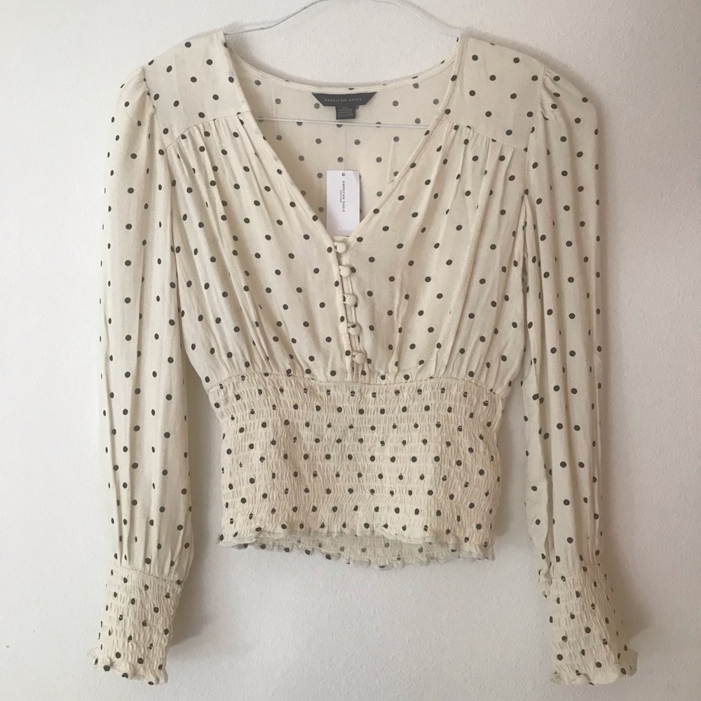 Cream/Beige Poka Dot V neck Blouse
